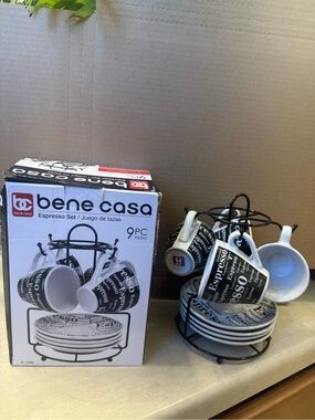 New Bene Casa Porcelain 9 Piece Espresso Set with Metal Rack/Stand